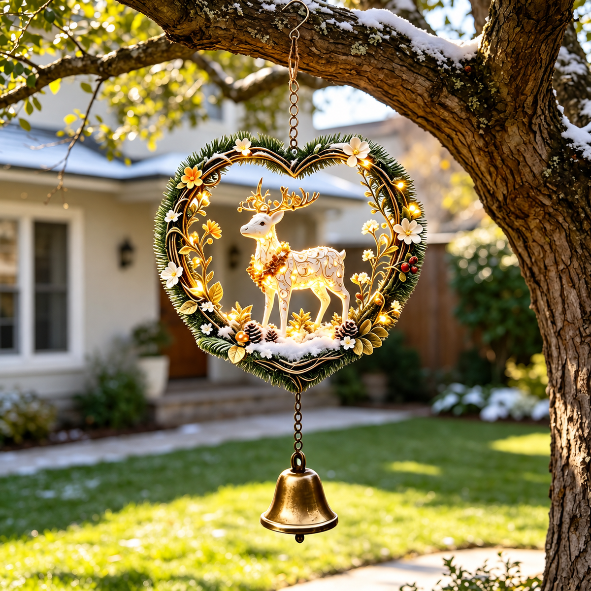 Reindeer heart shaped hanging decoration and bell displayed from a tree branch