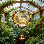 Reindeer heart wind chime with bell hanging in a greenhouse
