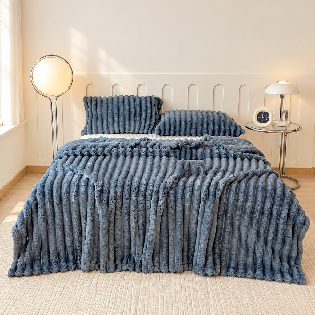 Dark Gray broad ribbed plush blanket on a bed