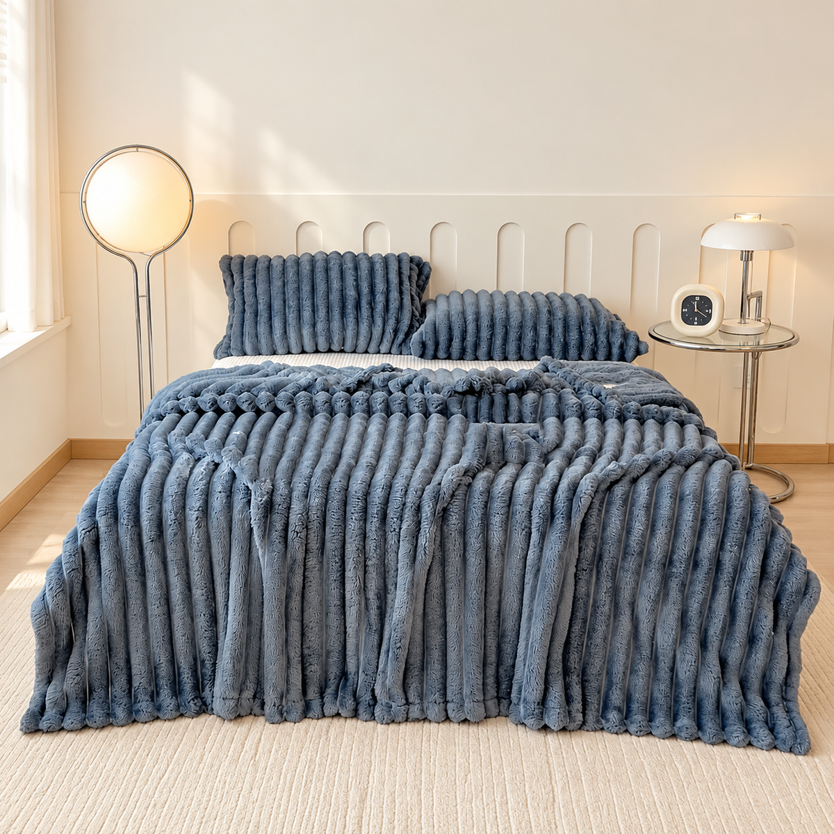 Dark Gray broad ribbed plush blanket on a bed