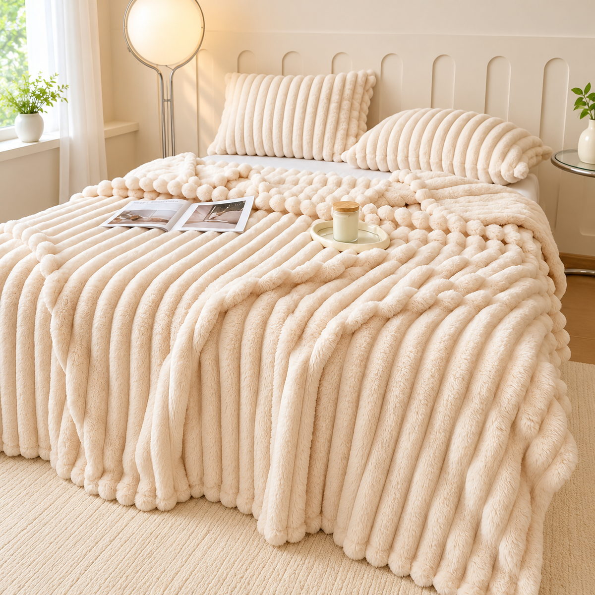 Cream White broad ribbed blanket on a bed