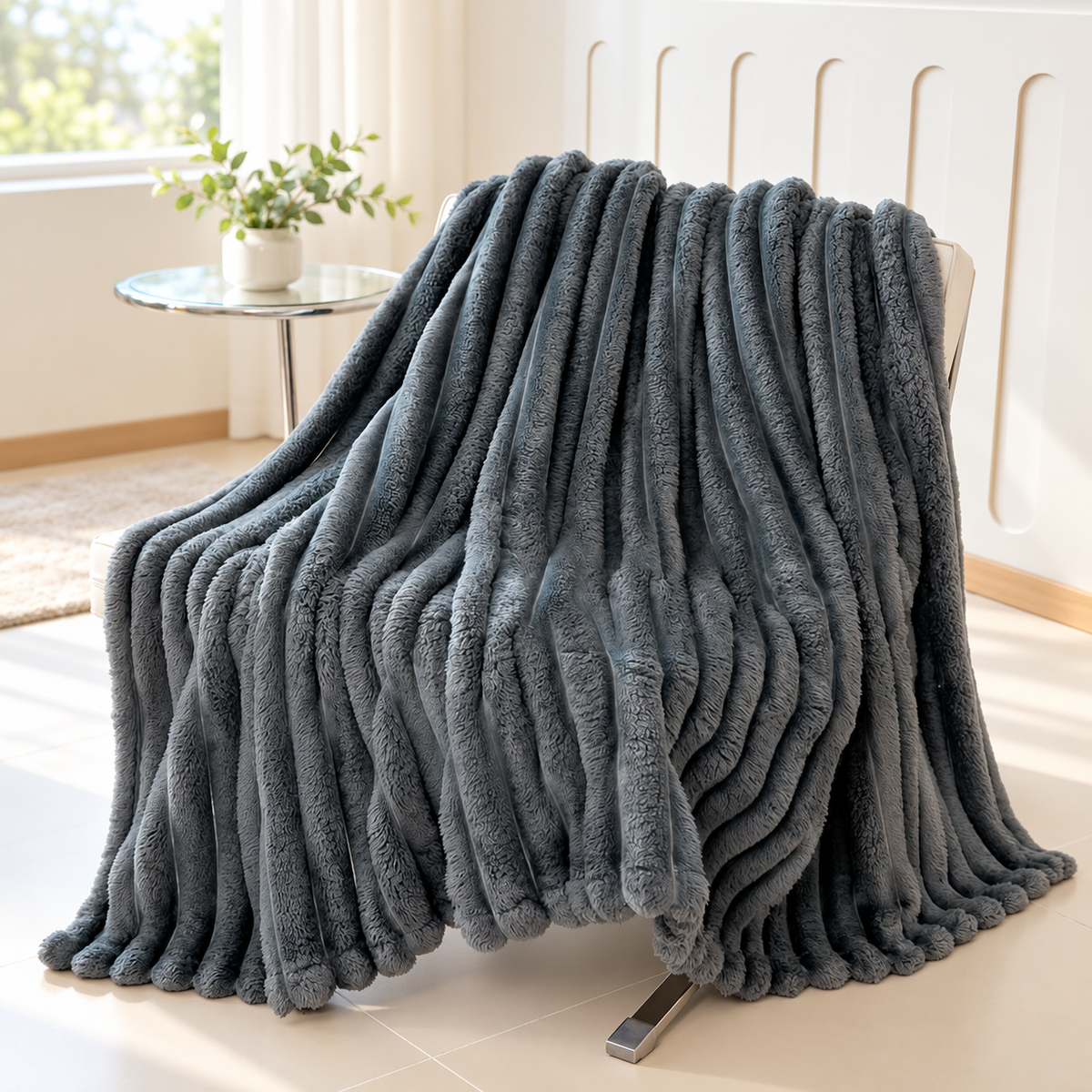Dark Gray ribbed throw draped over a chair
