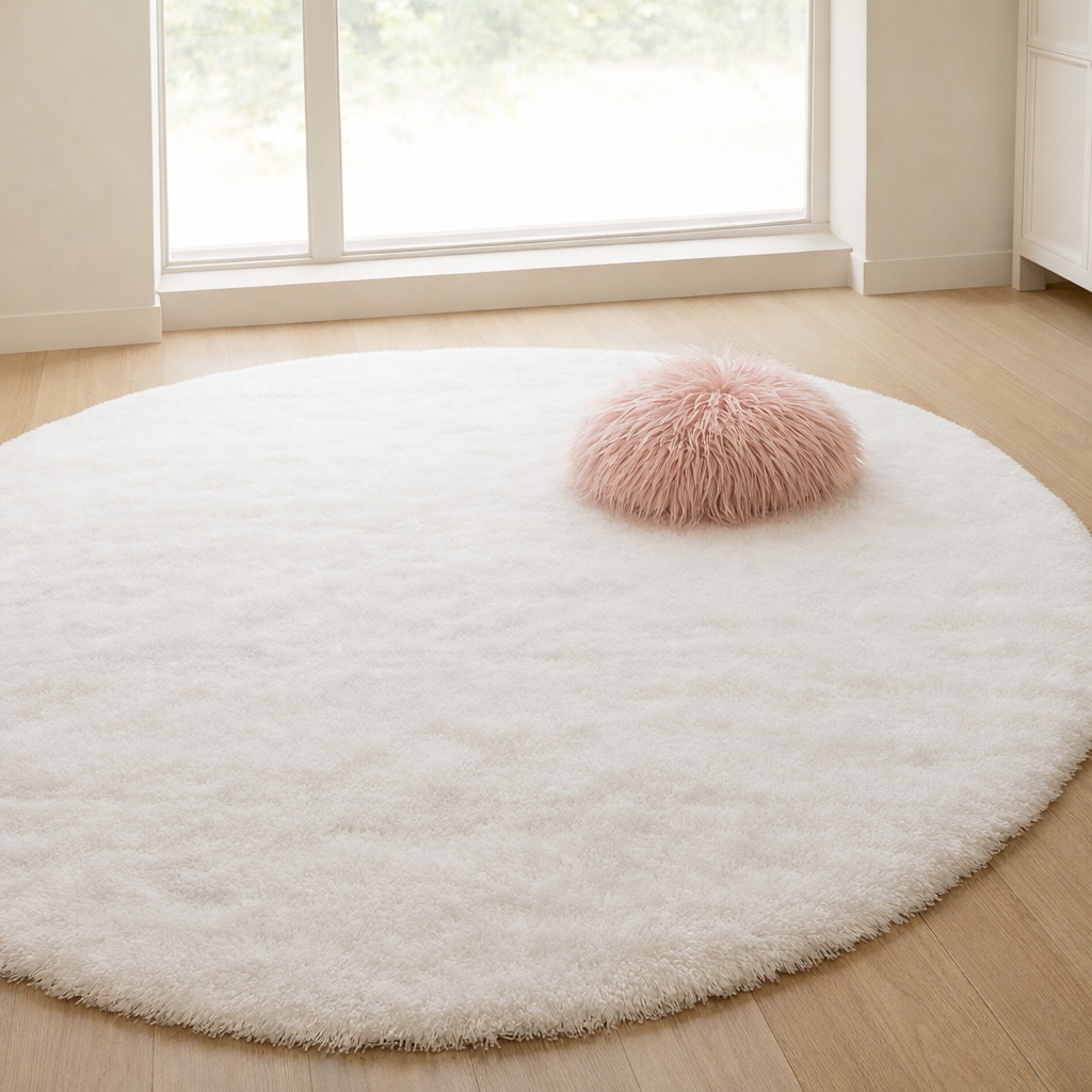 White round area rug with a soft textured surface in a bright room.