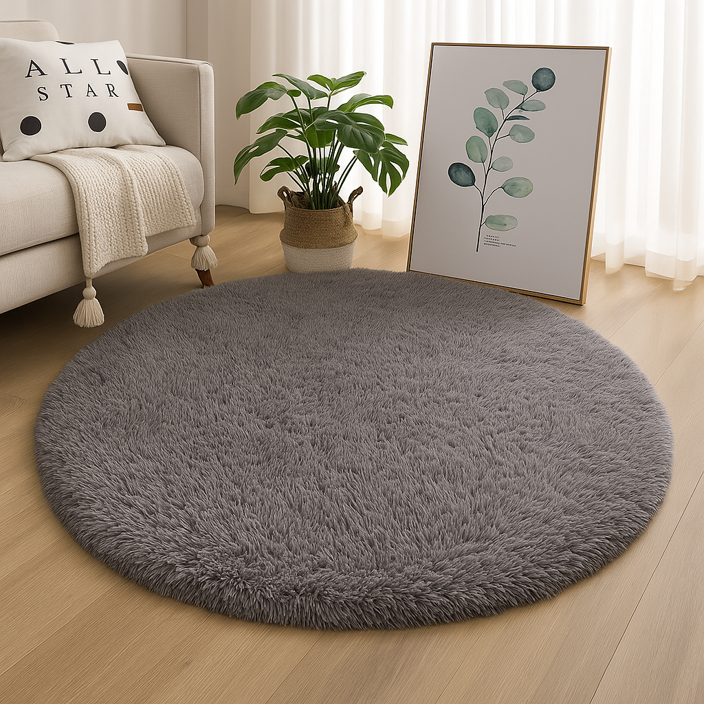 Gray round area rug on a light wood floor.
