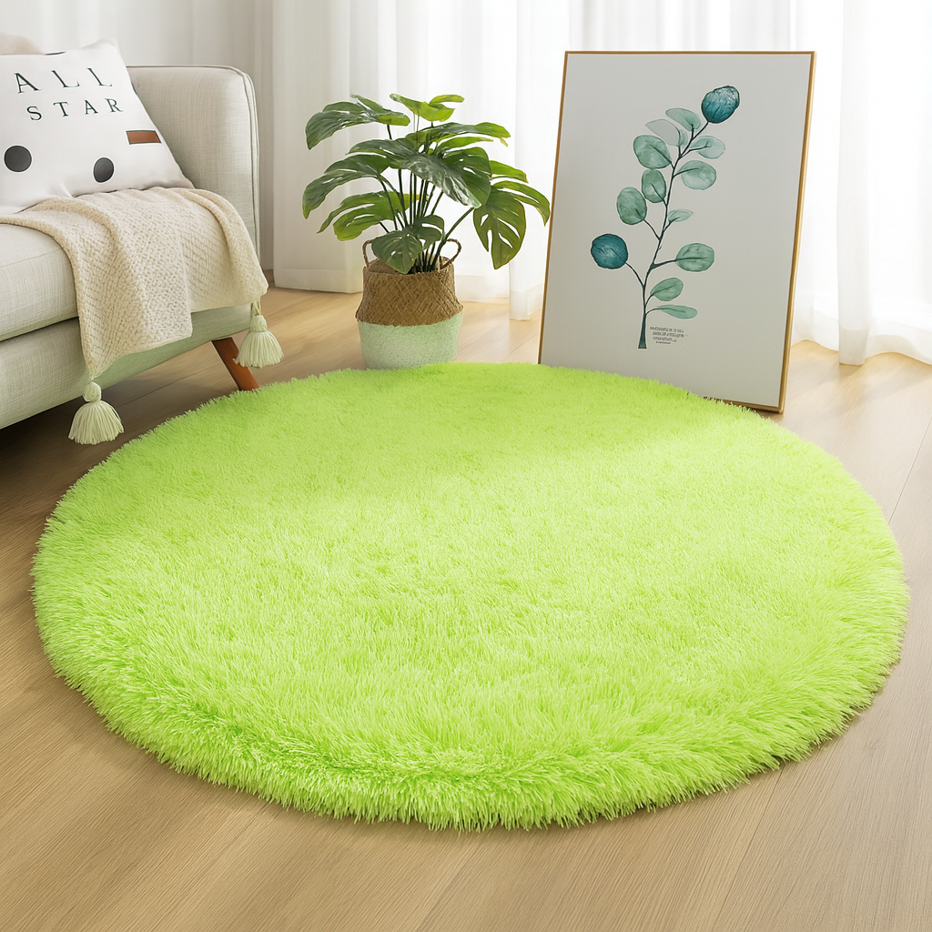 Fruit green round area rug in a bright room.
