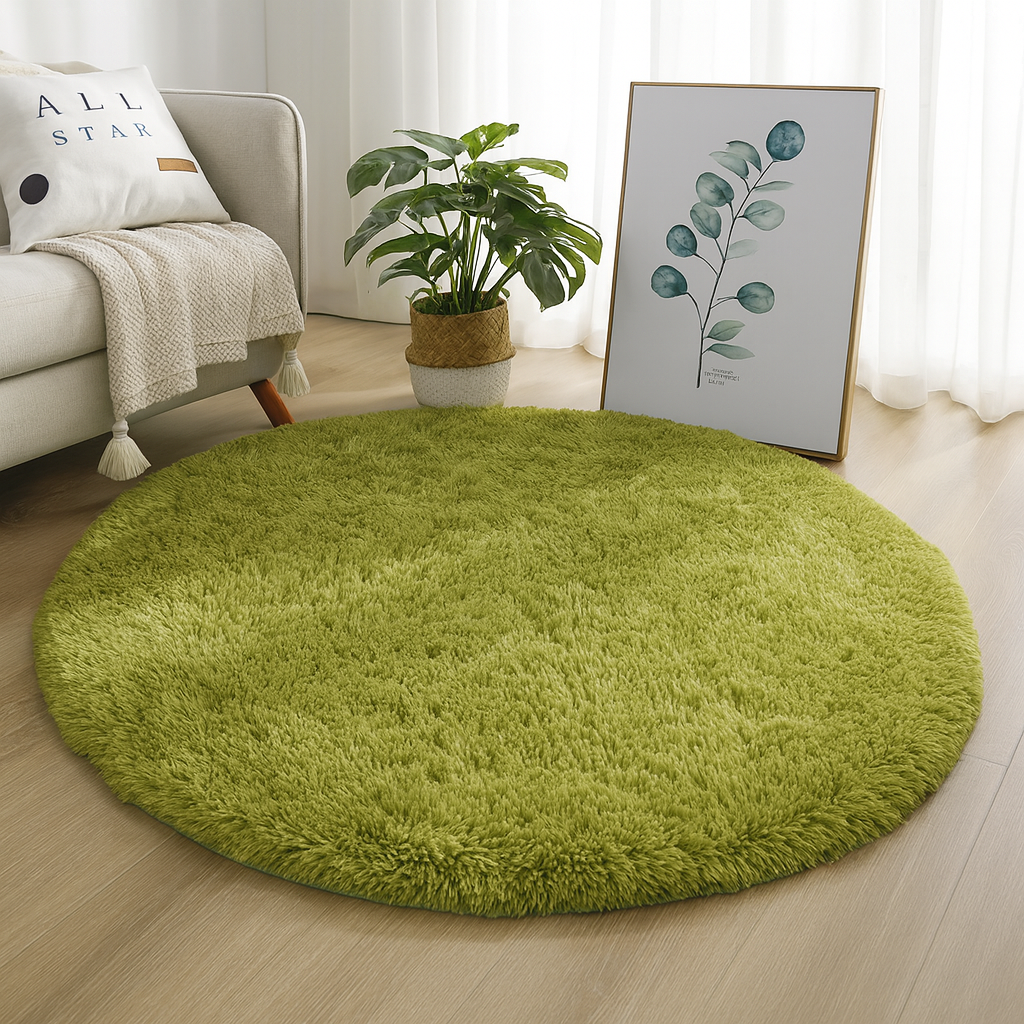 Grass green round area rug beside a chair and plant.