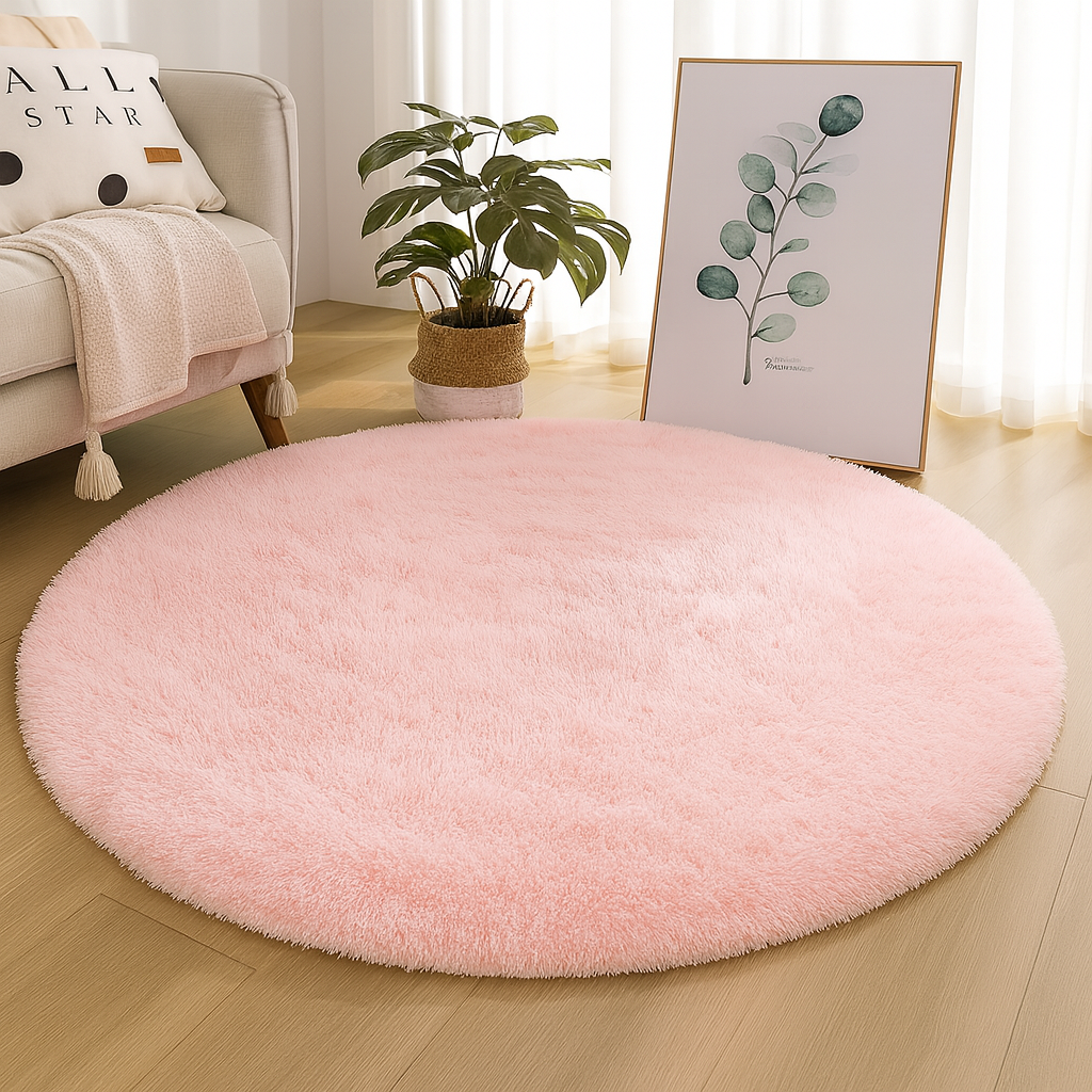 Pink round area rug styled in a neutral room.