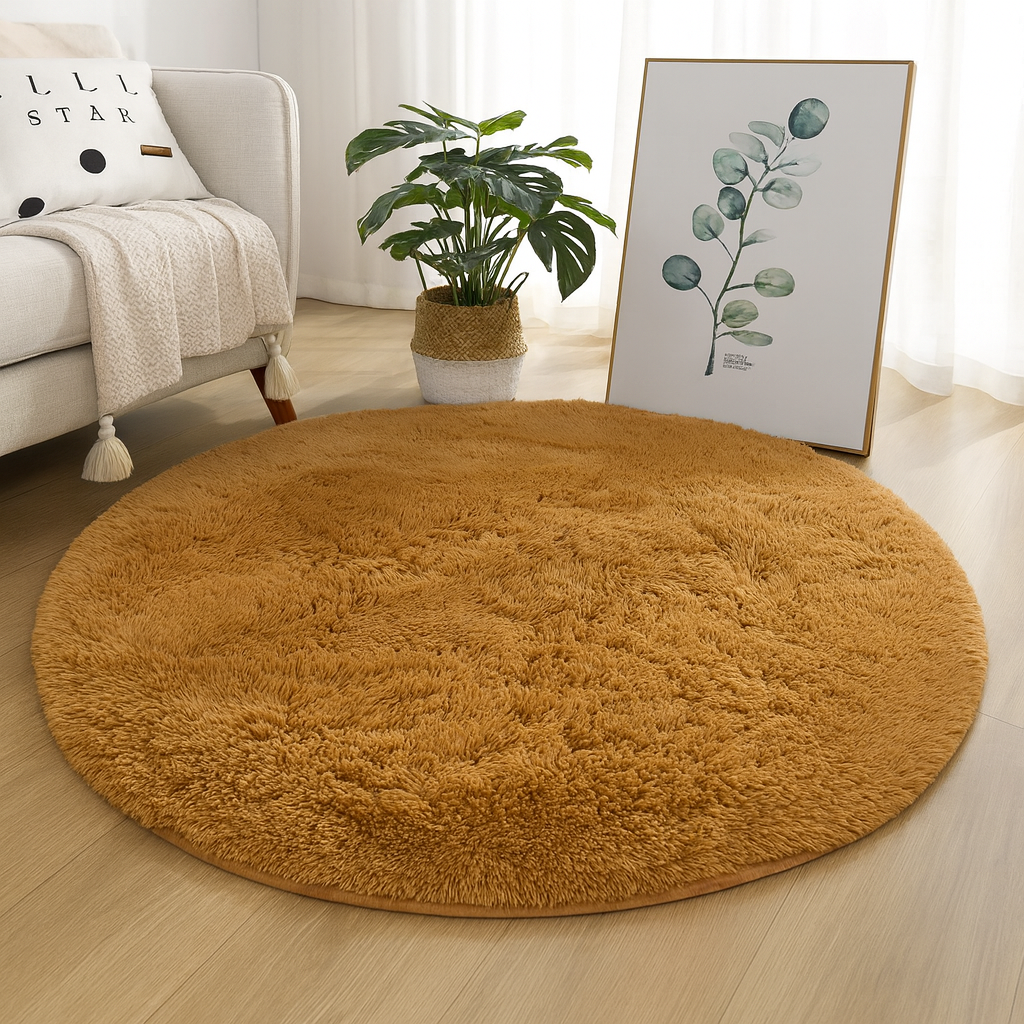 Khaki round area rug shown in a neutral living room setting.