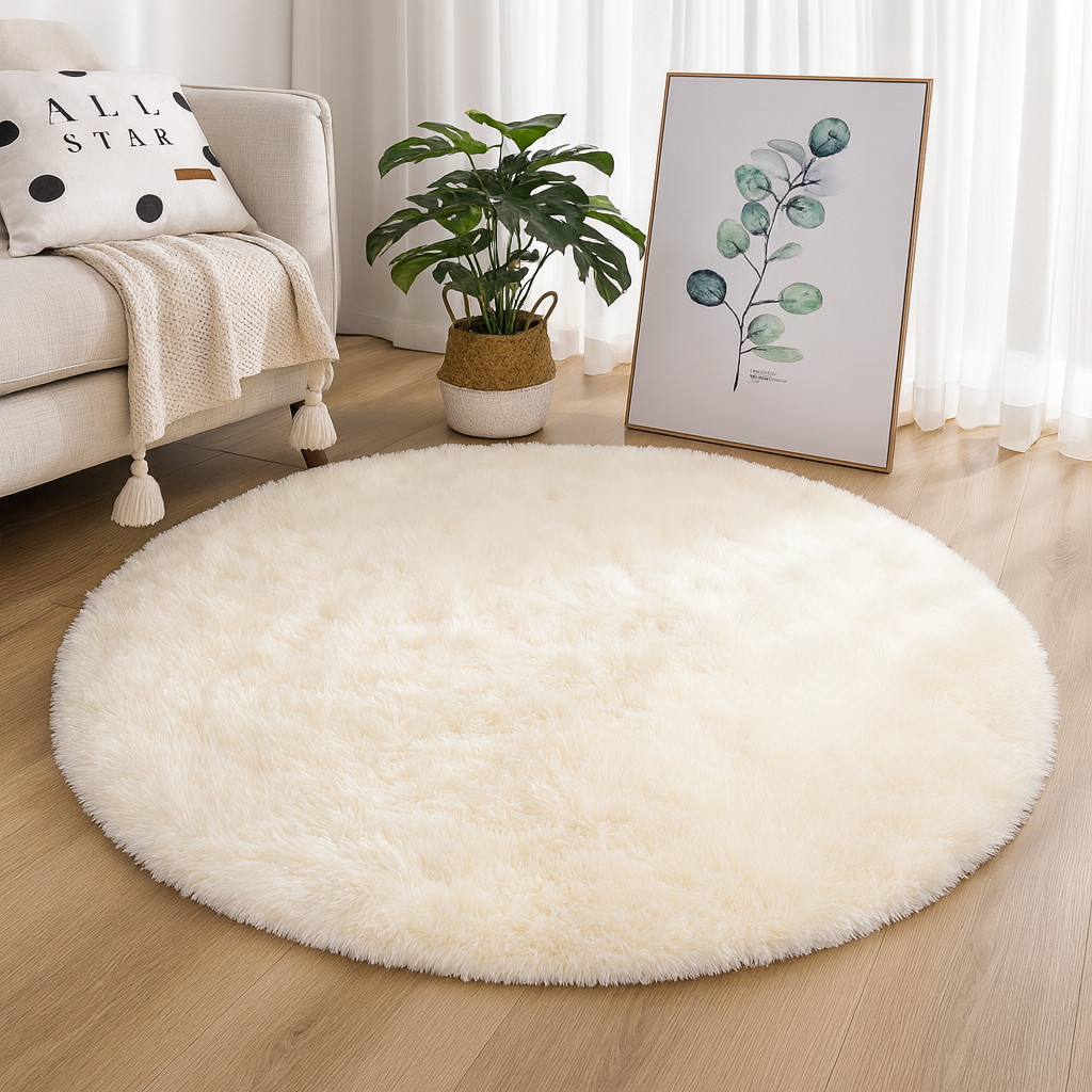 Off white round area rug with a deep textured pile.