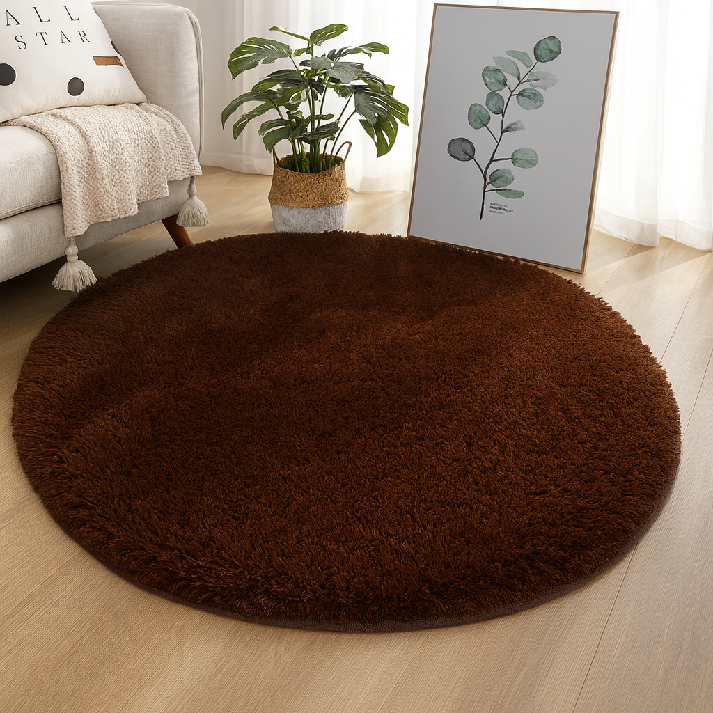 Coffee brown round area rug beside a chair and framed print.
