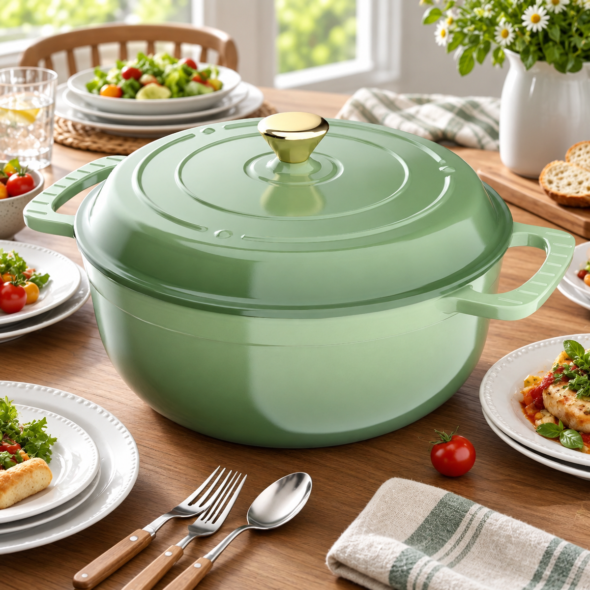 Green round enameled cast iron Dutch oven with matching lid