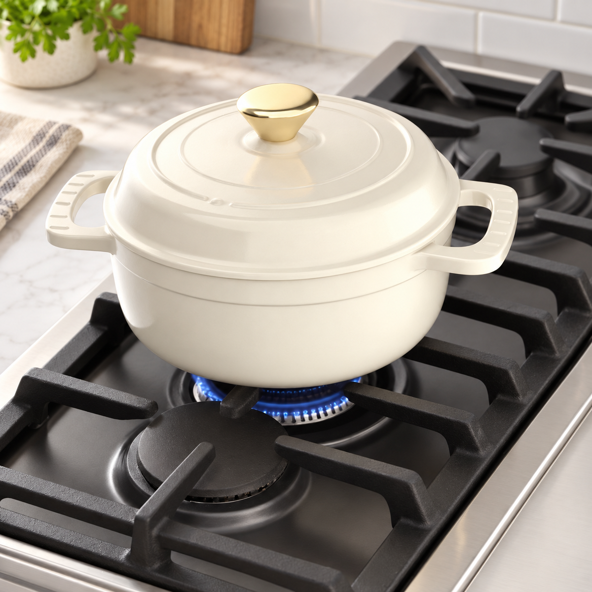 White round enameled cast iron Dutch oven on a stovetop