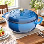 Blue round enameled cast iron Dutch oven at the dining table