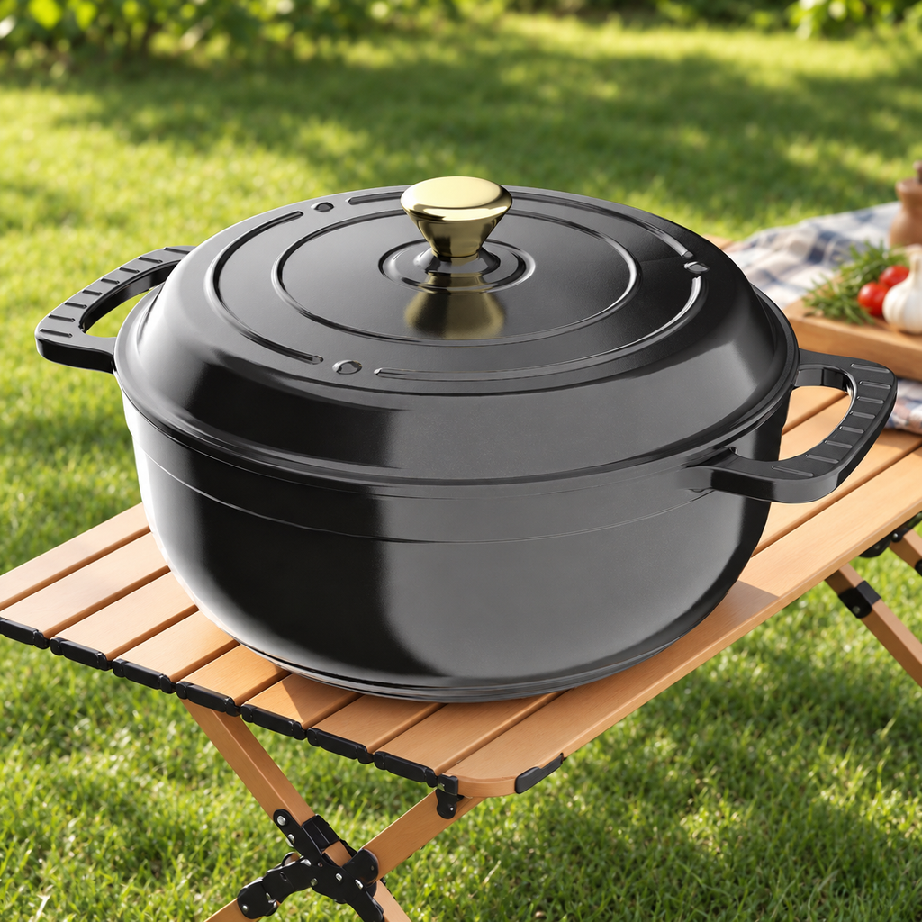 Black round enameled cast iron Dutch oven on an outdoor table