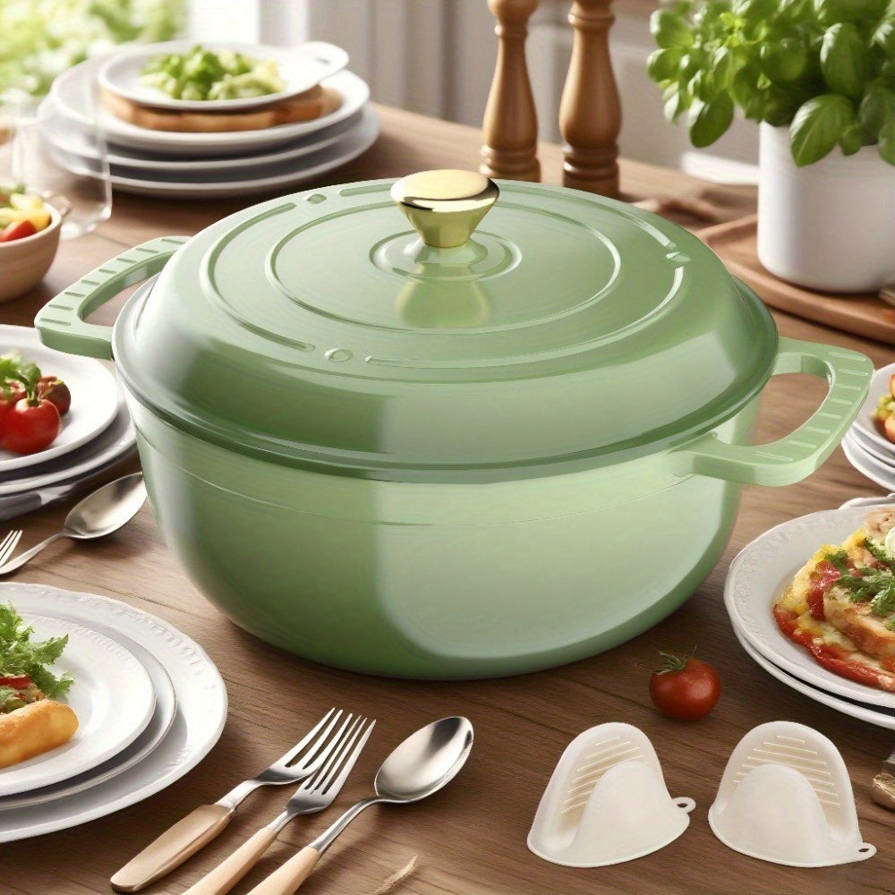 Green Dutch oven with matching lid and protective grips