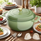 Green Dutch oven with matching lid and protective grips