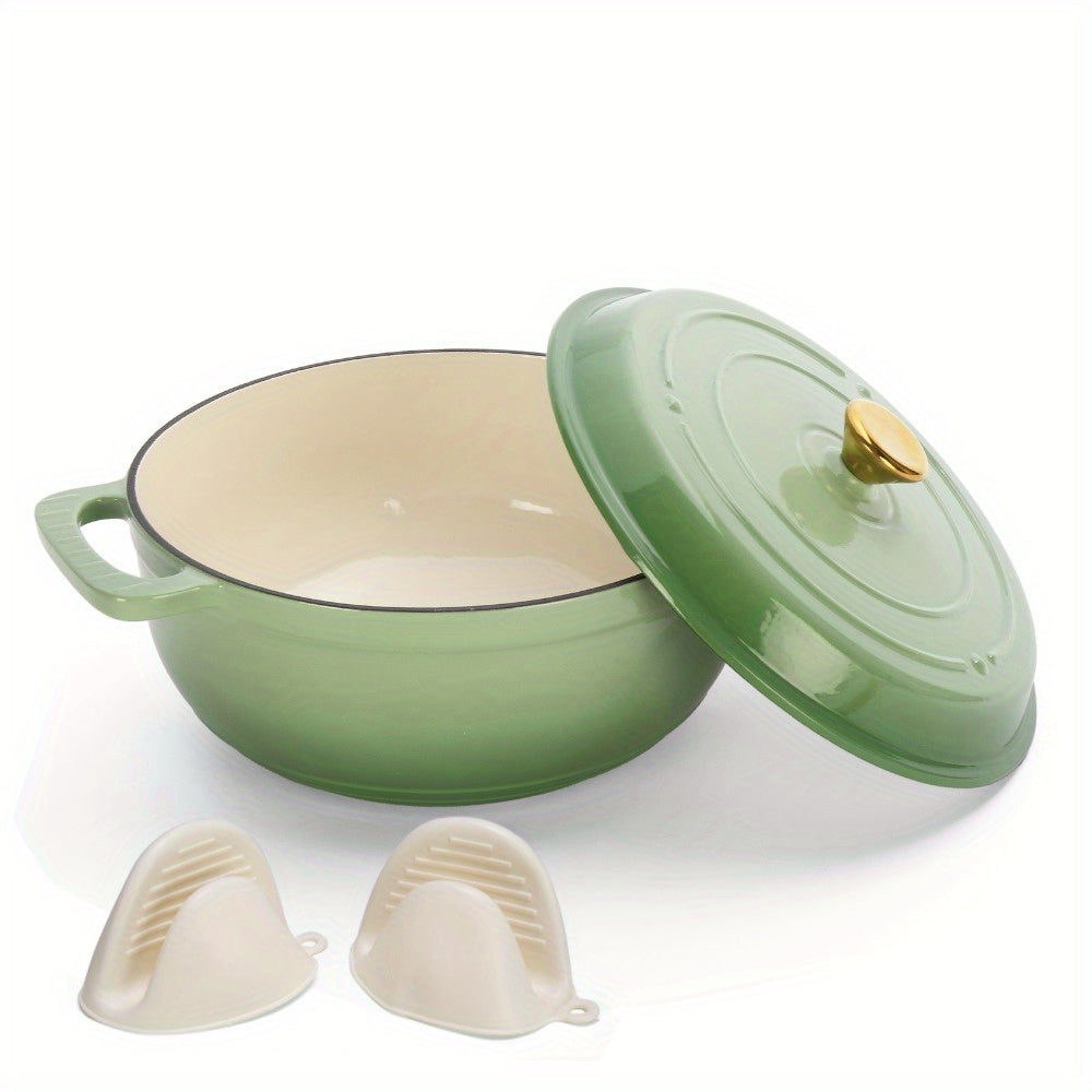 Green Dutch oven showing its open cooking surface