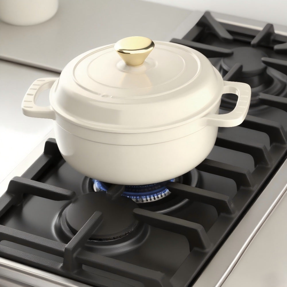 White Dutch oven on a gas stovetop