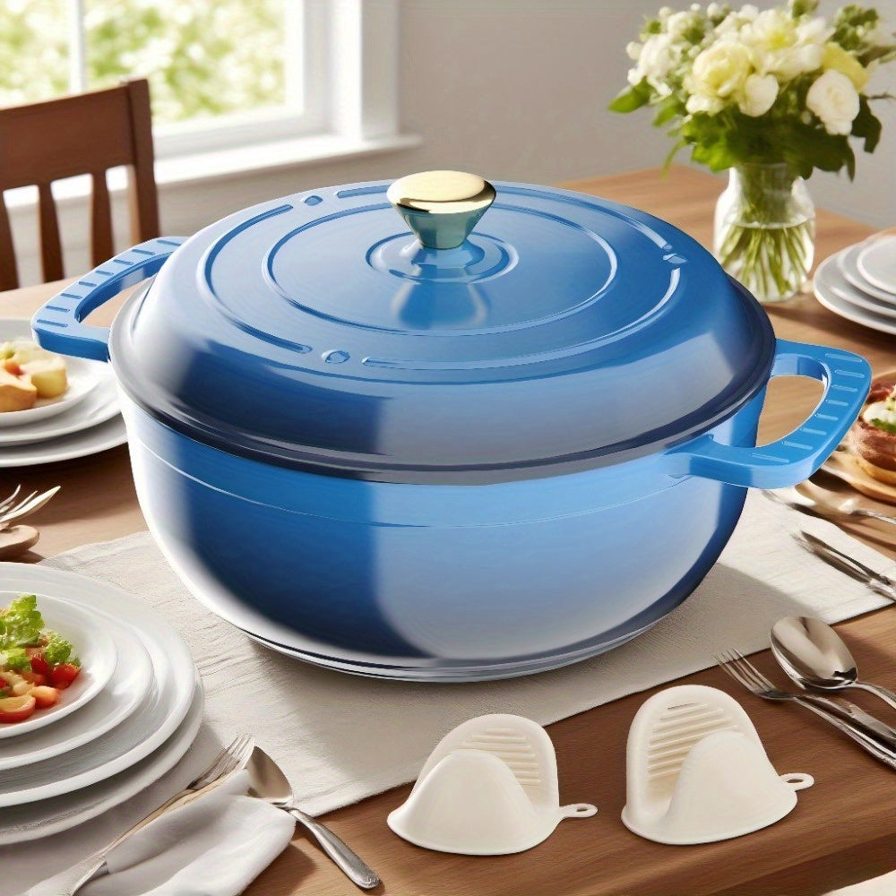 Blue Dutch oven with lid and protective grips