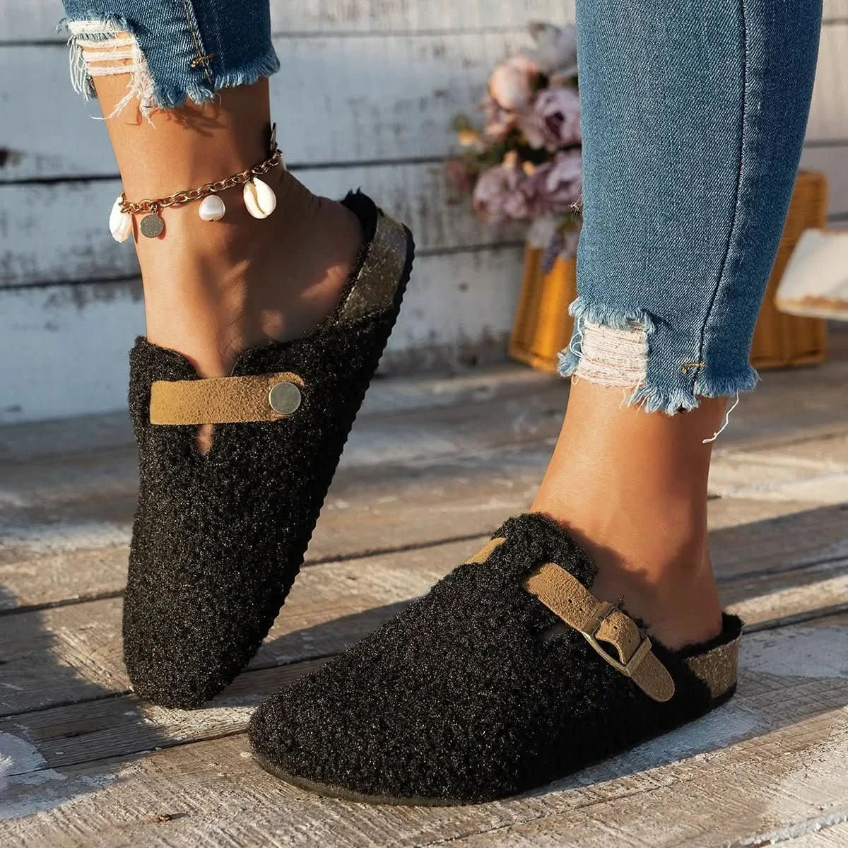 Buckled sheepskin mule slippers view 10