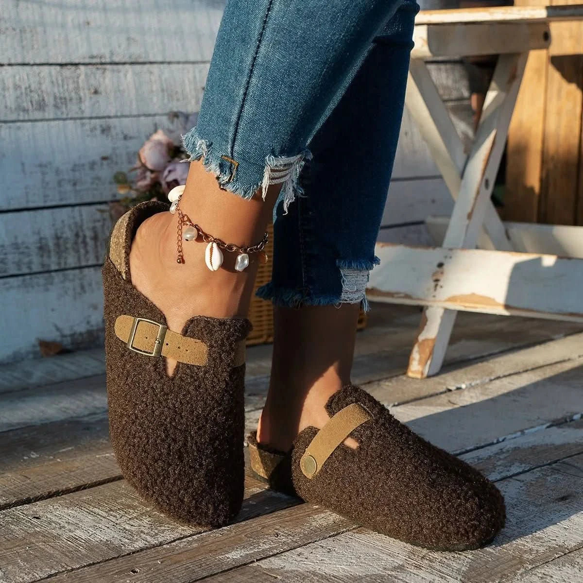 Buckled sheepskin mule slippers view 5
