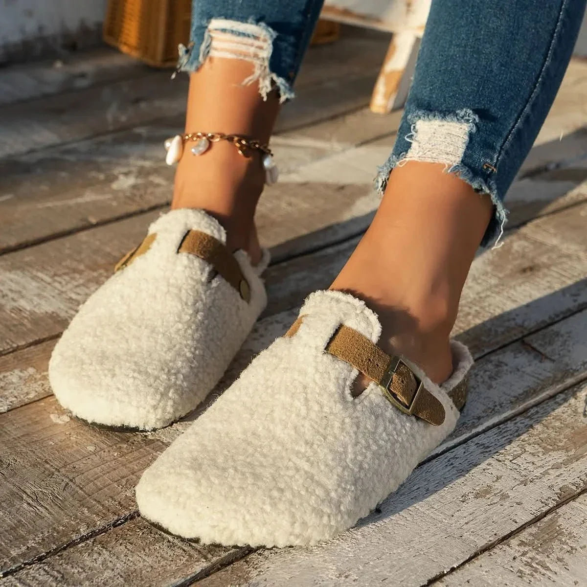Buckled sheepskin mule slippers view 2