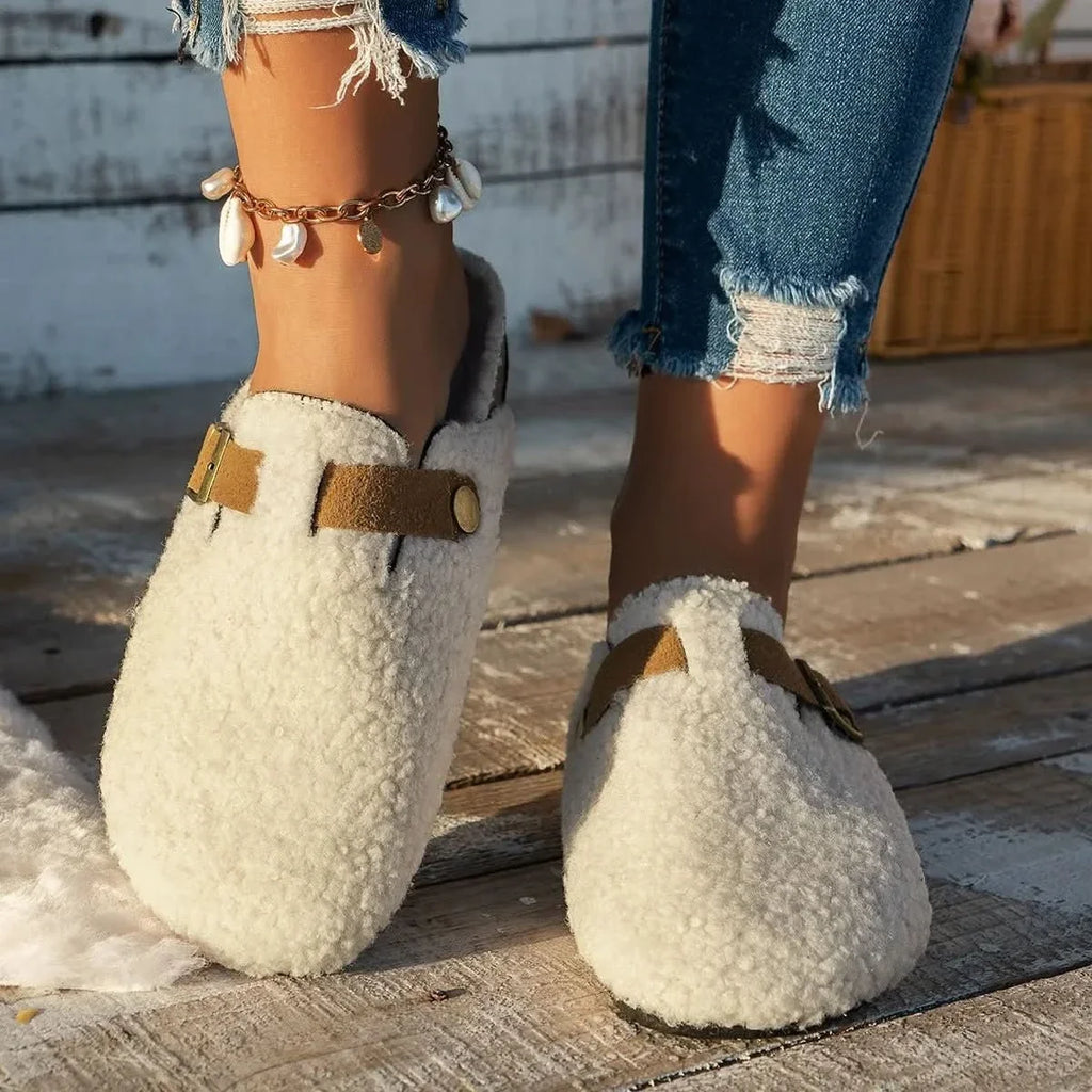 Buckled sheepskin mule slippers view 1