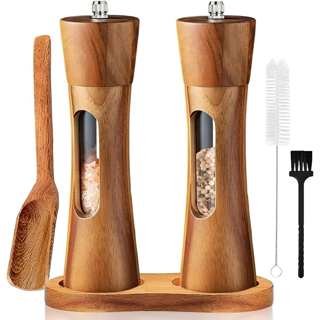 Salt and pepper mill shown on a dining table beside seasonings.