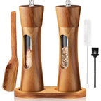 Salt and pepper mill shown on a dining table beside seasonings.