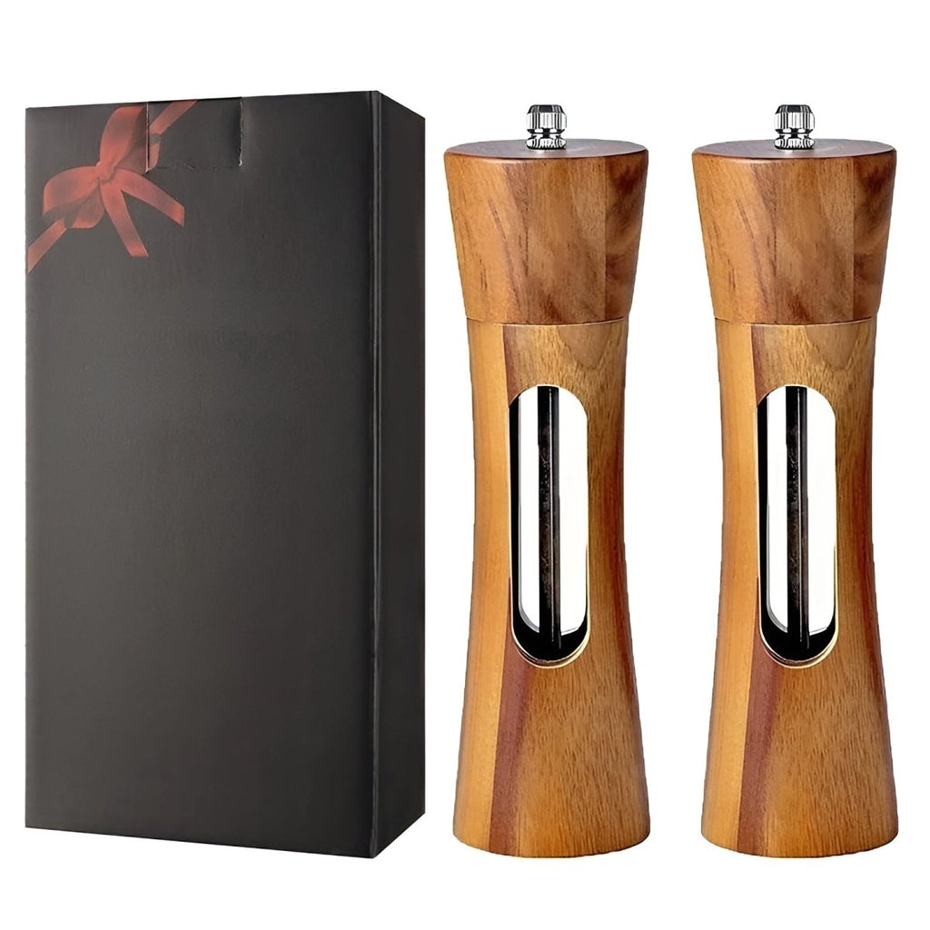 Salt and pepper mill styled as a warm wooden kitchen accessory.