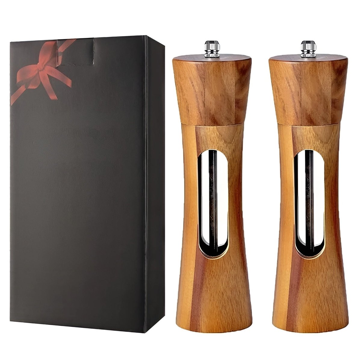 Salt and pepper mill styled as a warm wooden kitchen accessory.