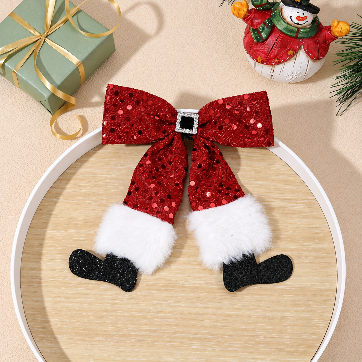 Santa Christmas Bow Hair Clip — Santa hair clip displayed on a hoop