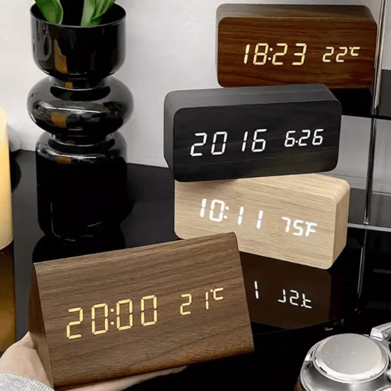 Wooden LED Alarm Clock with voice-control display — product image 5