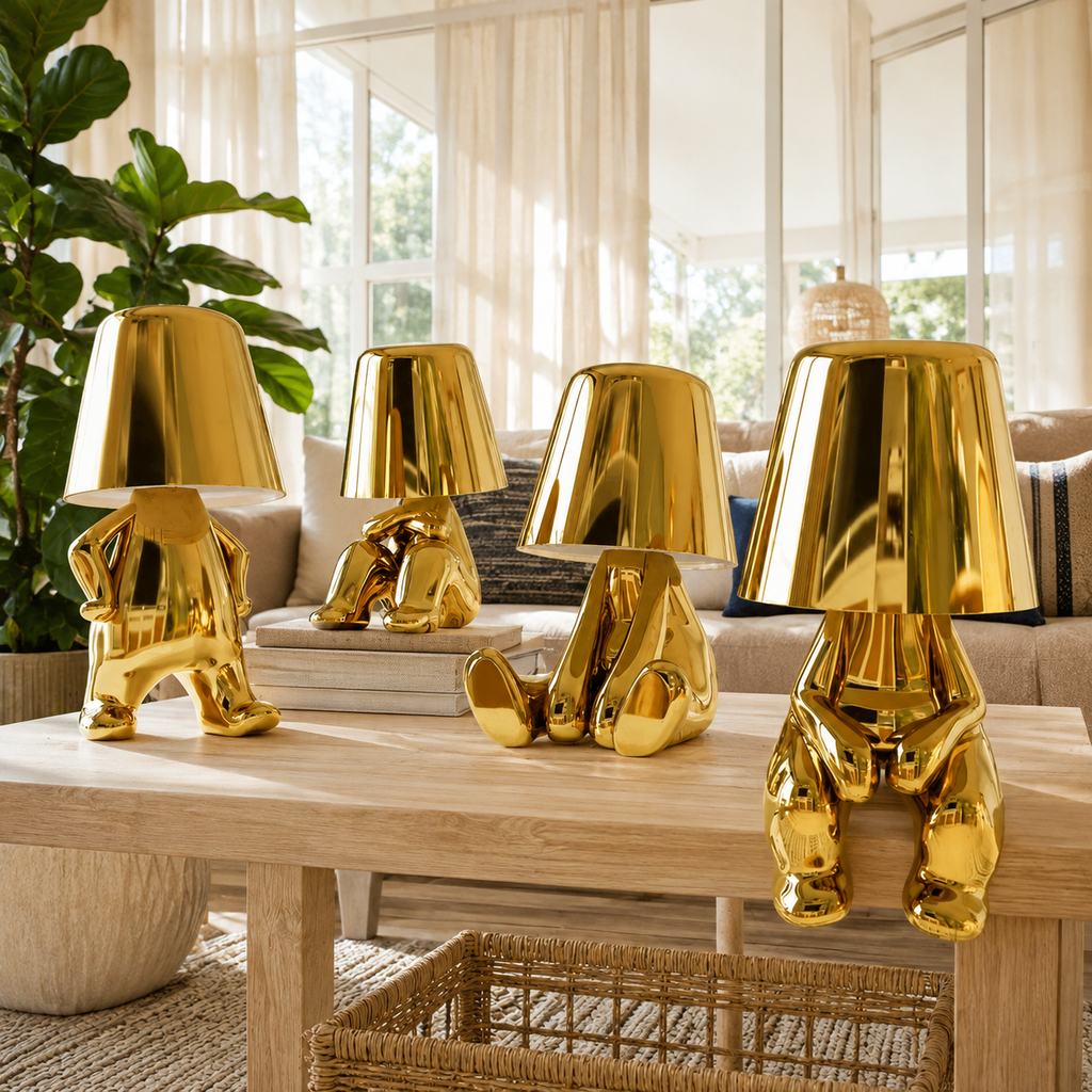 Four gold thinker table lamps displayed in a bright American sunroom