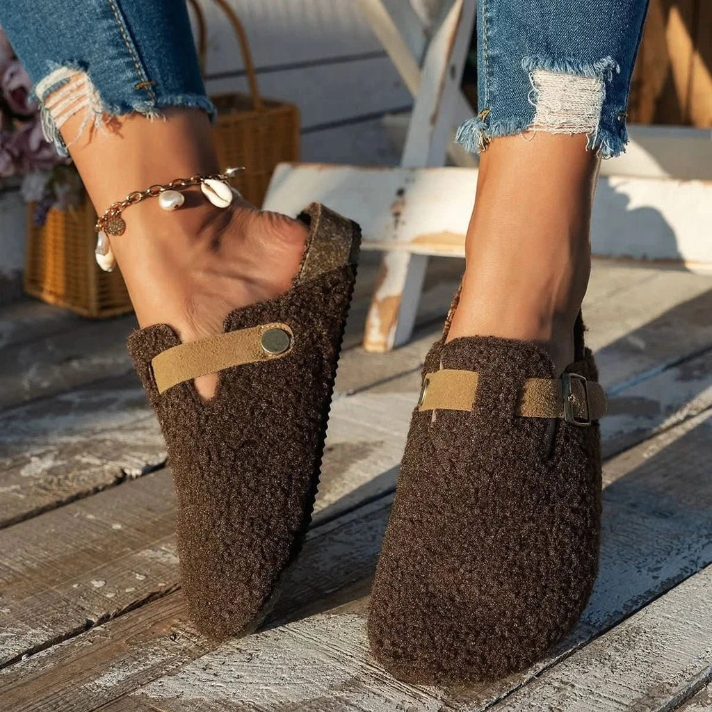 Buckled sheepskin mule slippers view 4