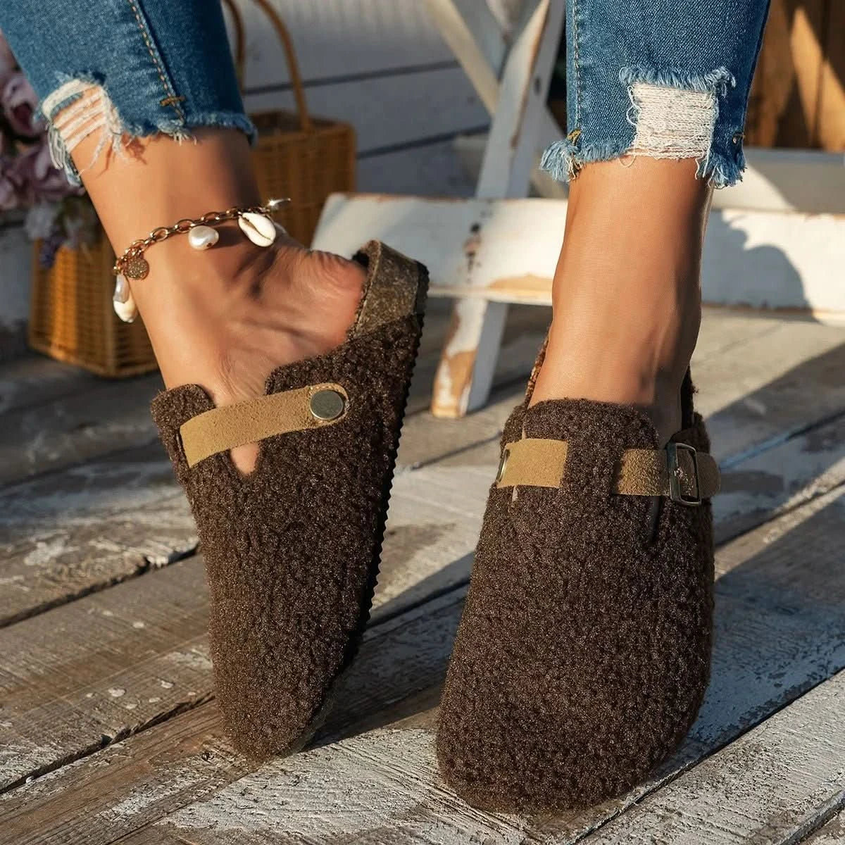 Buckled sheepskin mule slippers view 8