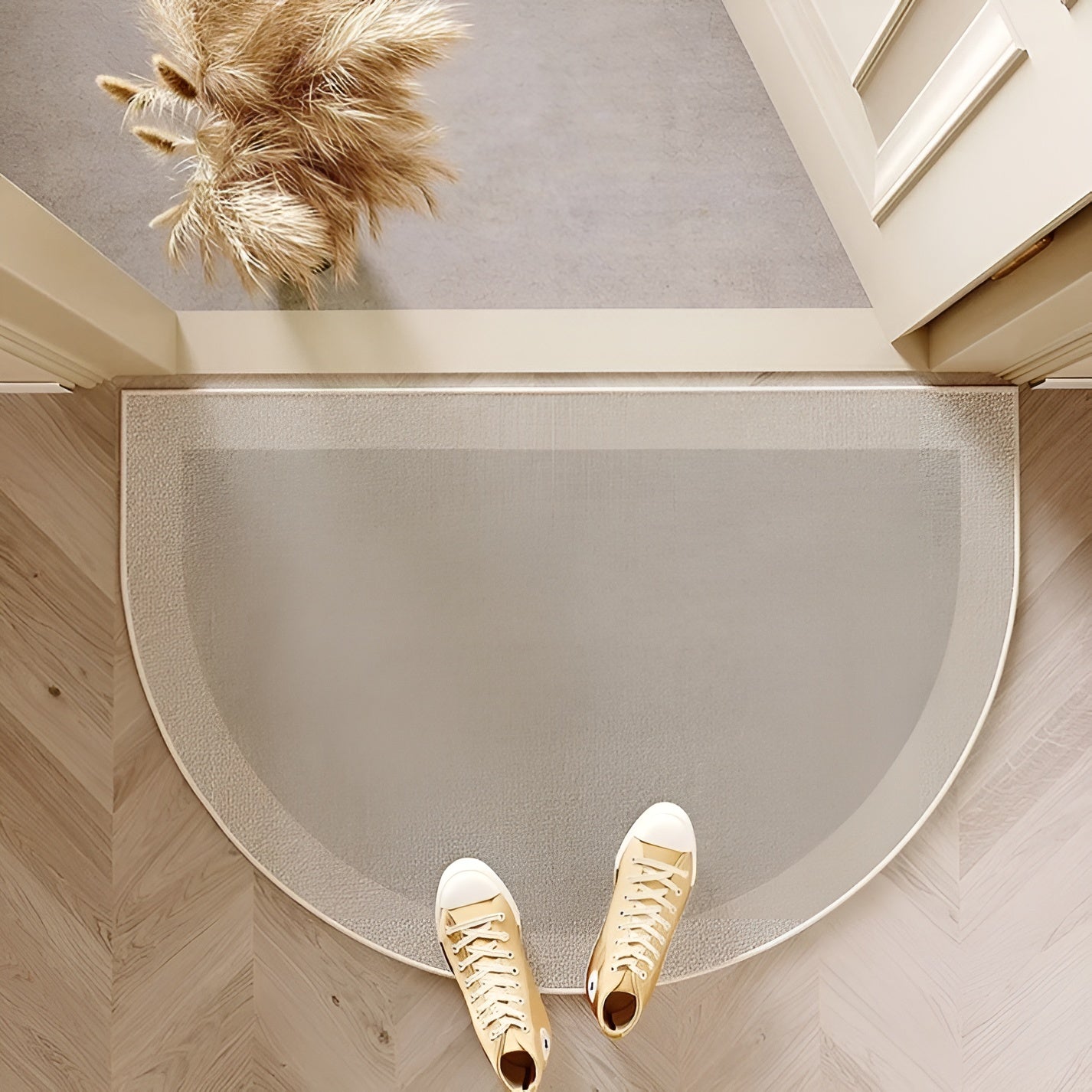 Gray semicircle door mat with a simple neutral surface.