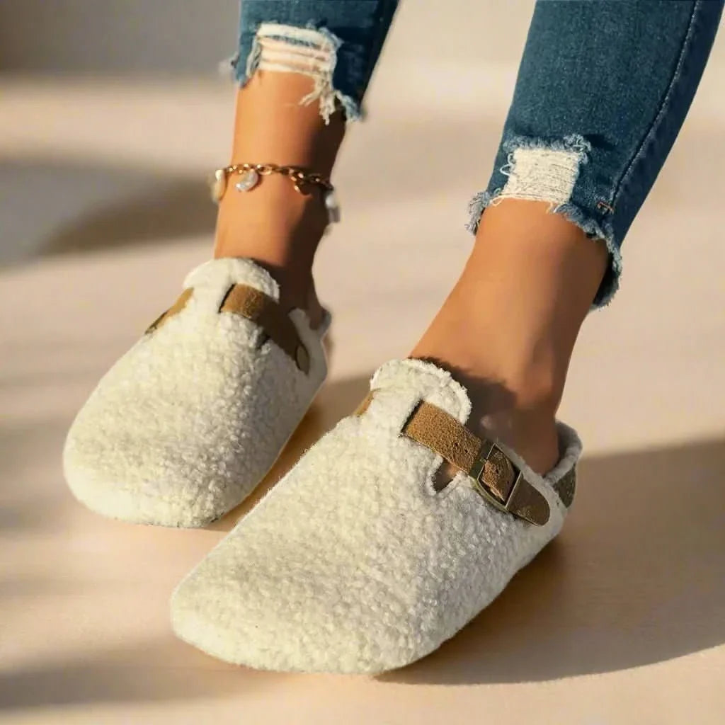 Buckled sheepskin mule slippers view 6