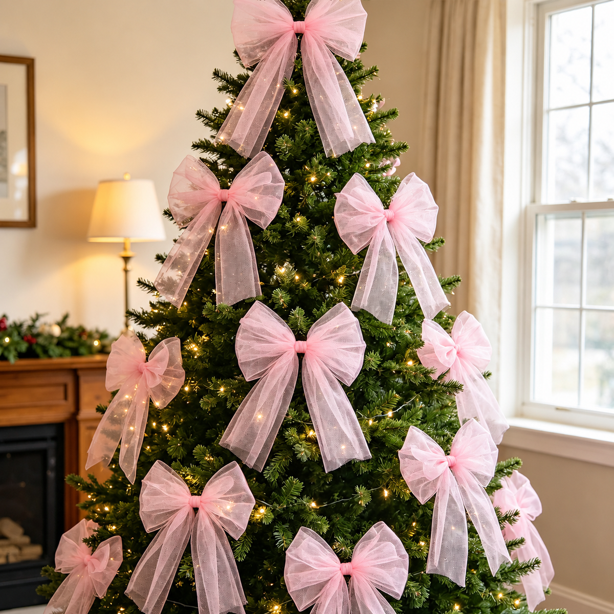 Sheer Tulle Christmas Bow — pink sheer bows on a tree