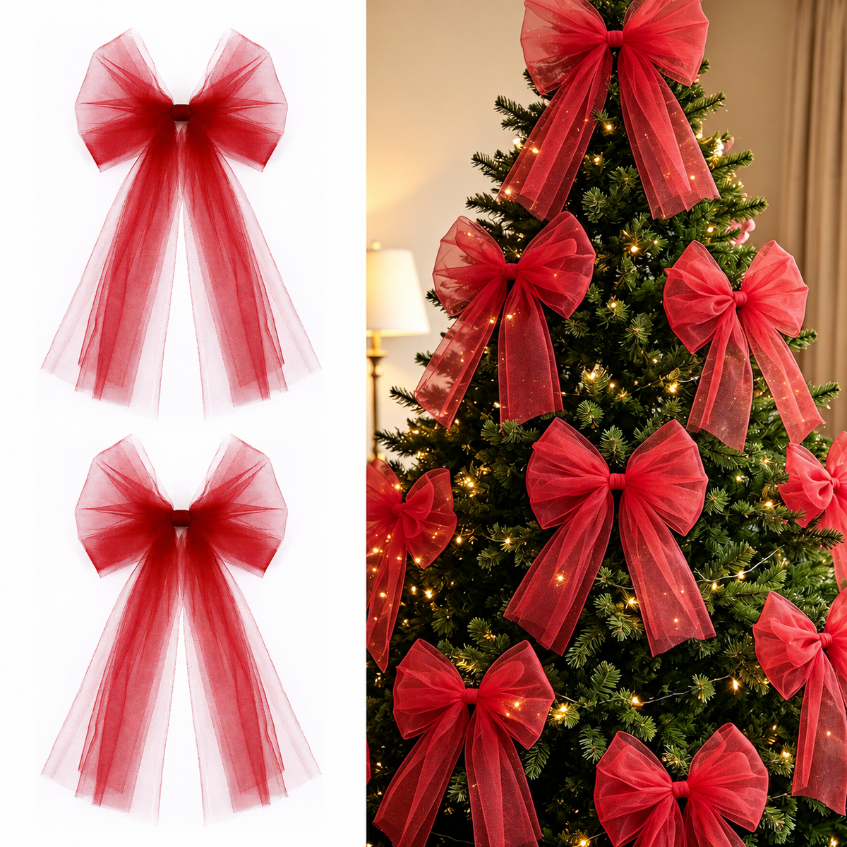 Sheer Tulle Christmas Bow — burgundy sheer bows and tree styling examples