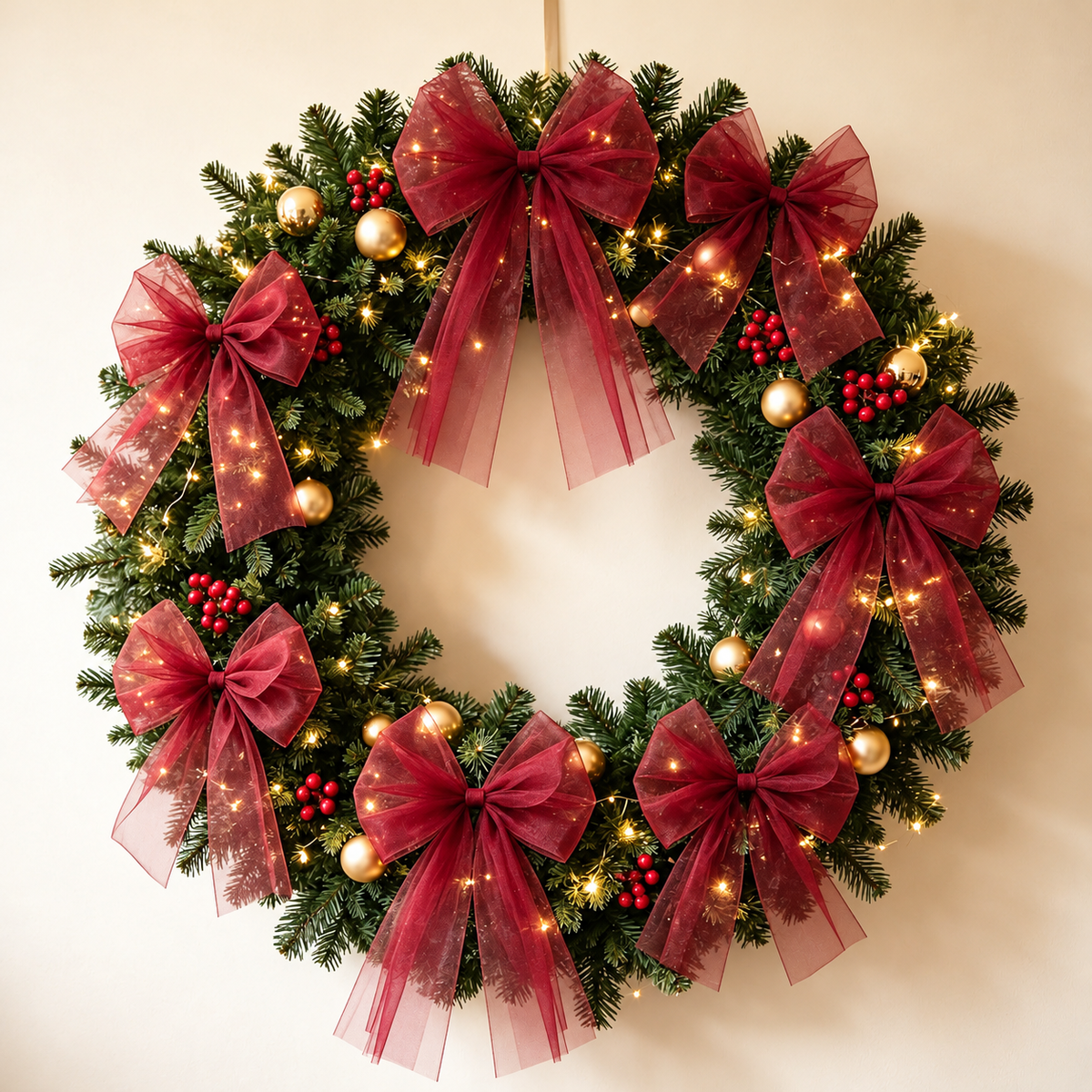 Sheer Tulle Christmas Bow — burgundy bows around a wreath