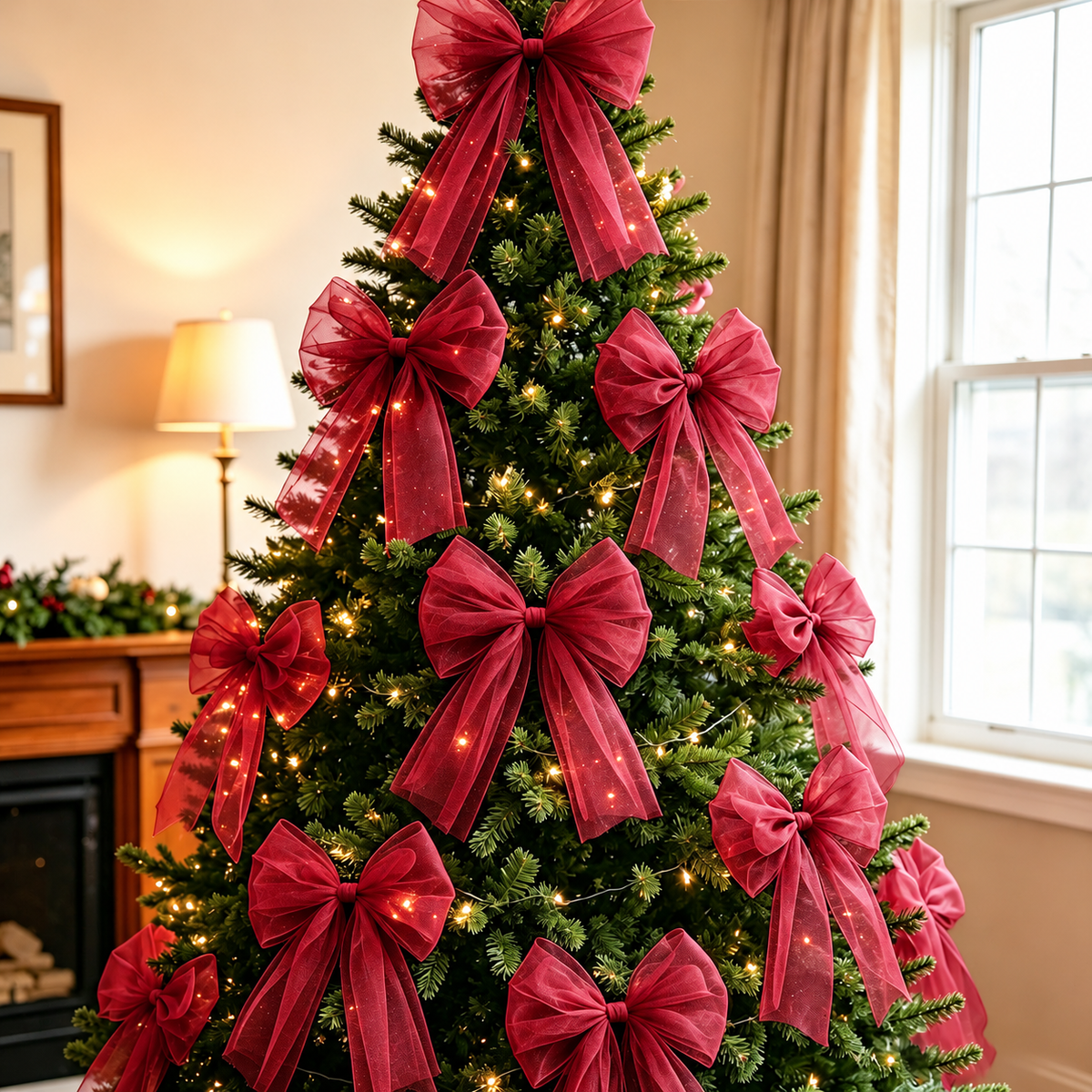 Sheer Tulle Christmas Bow — burgundy bows on a Christmas tree