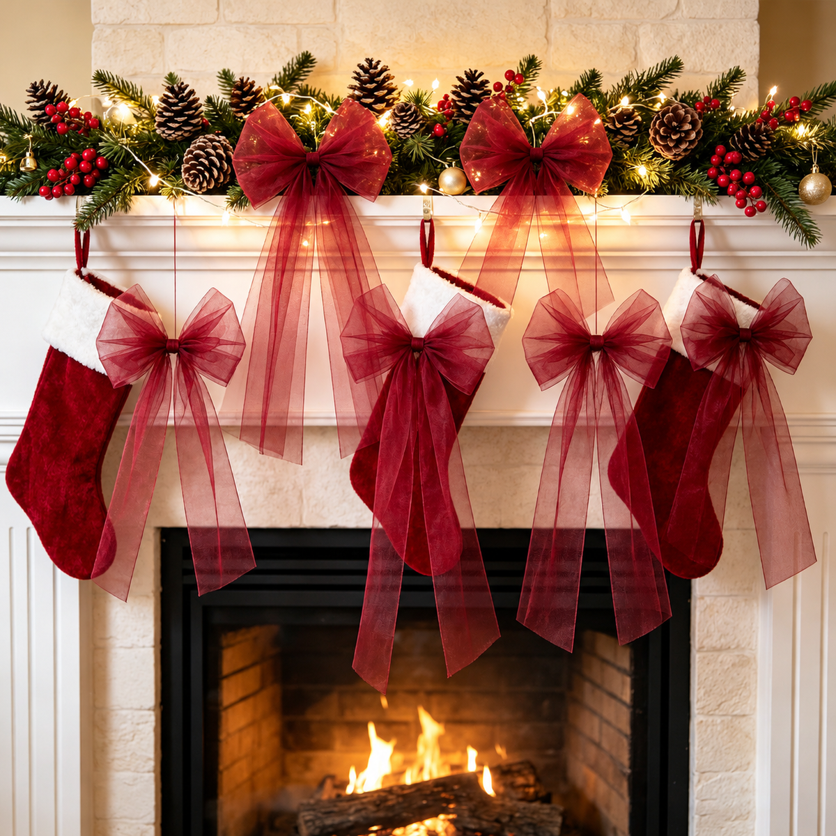 Sheer Tulle Christmas Bow — burgundy sheer bows on a fireplace display