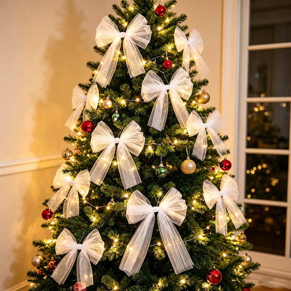 Sheer Tulle Christmas Bow — white sheer bows on a tree