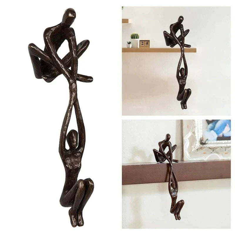 Shelf edge sculpture shown in a collage of seated and hanging figures