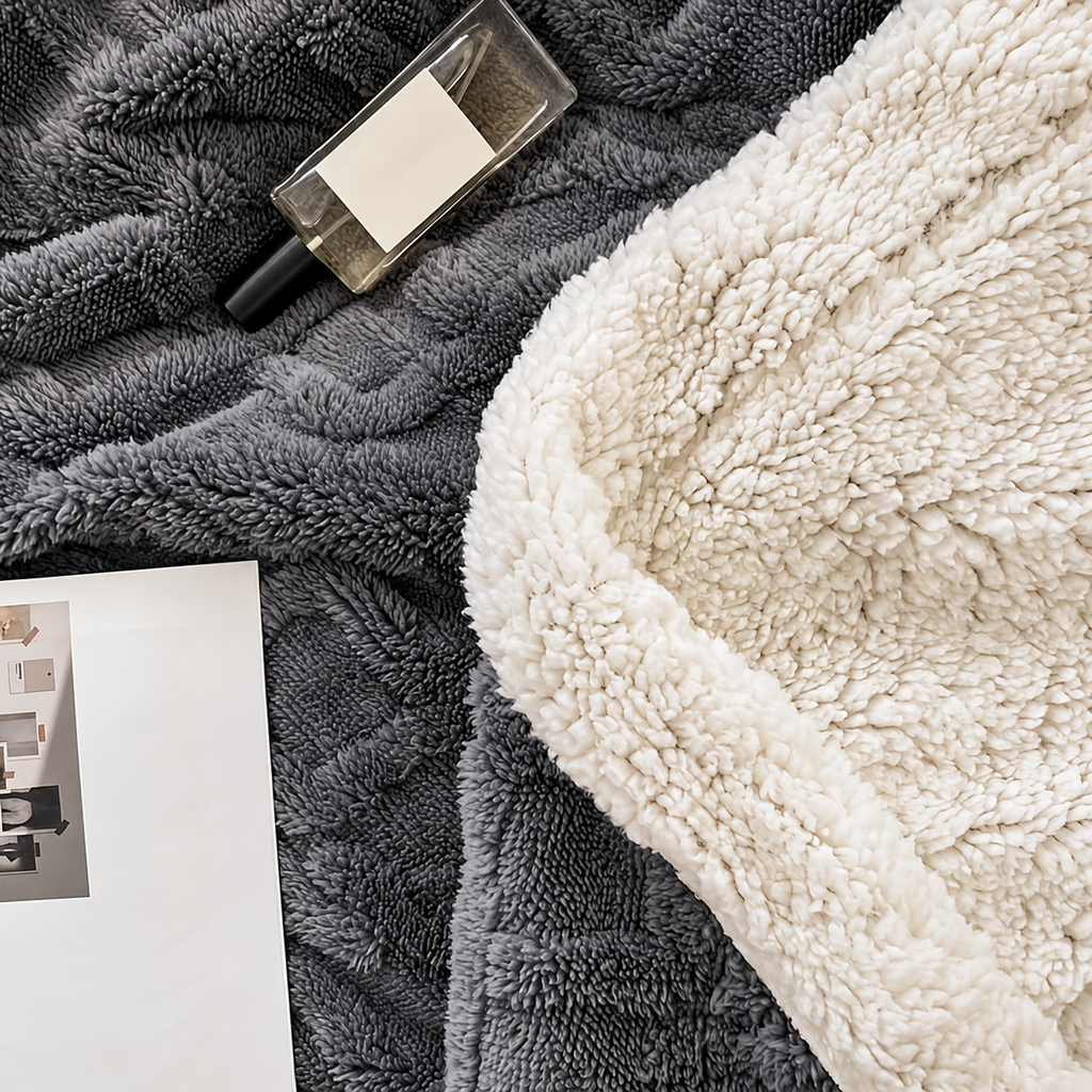 Jacquard sherpa throw blanket close up showing dark gray textured front and white reverse