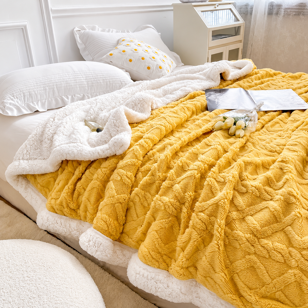Yellow jacquard sherpa throw blanket spread across a bed