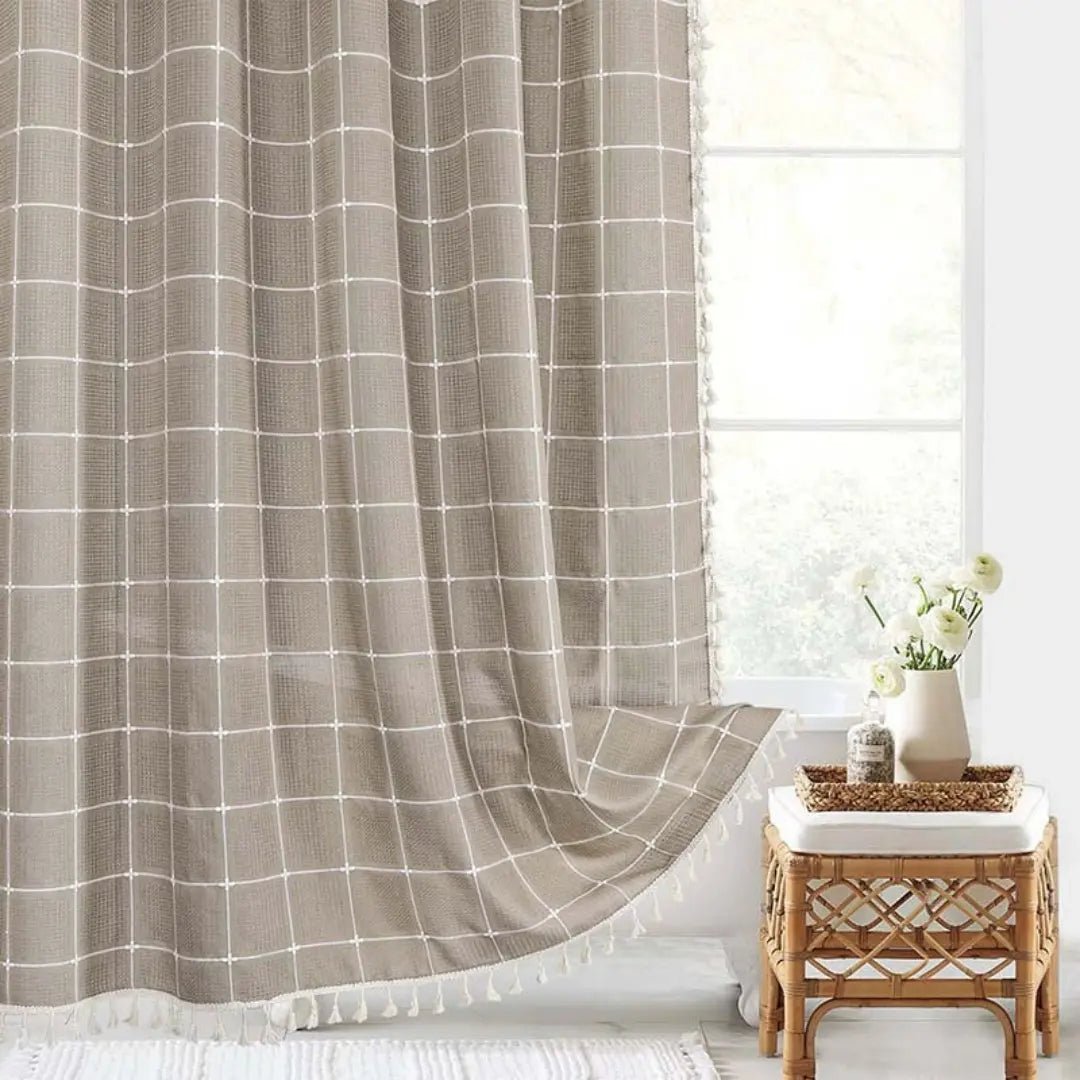 Shower Curtain | Waterproof Linen, Tassel Trim, Checked or Striped Patterns — product image 1