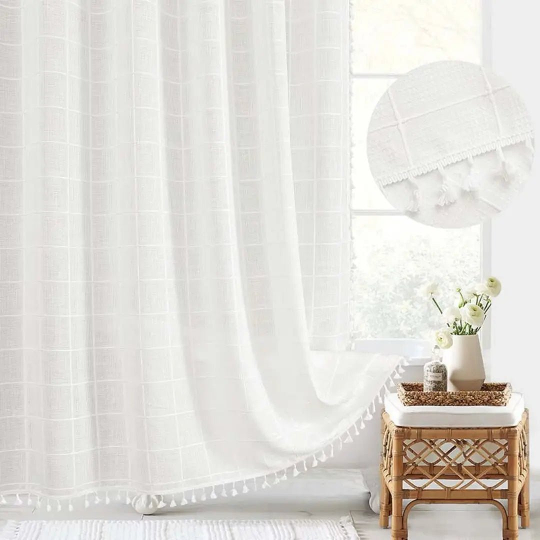 Shower Curtain | Waterproof Linen, Tassel Trim, Checked or Striped Patterns — product image 5