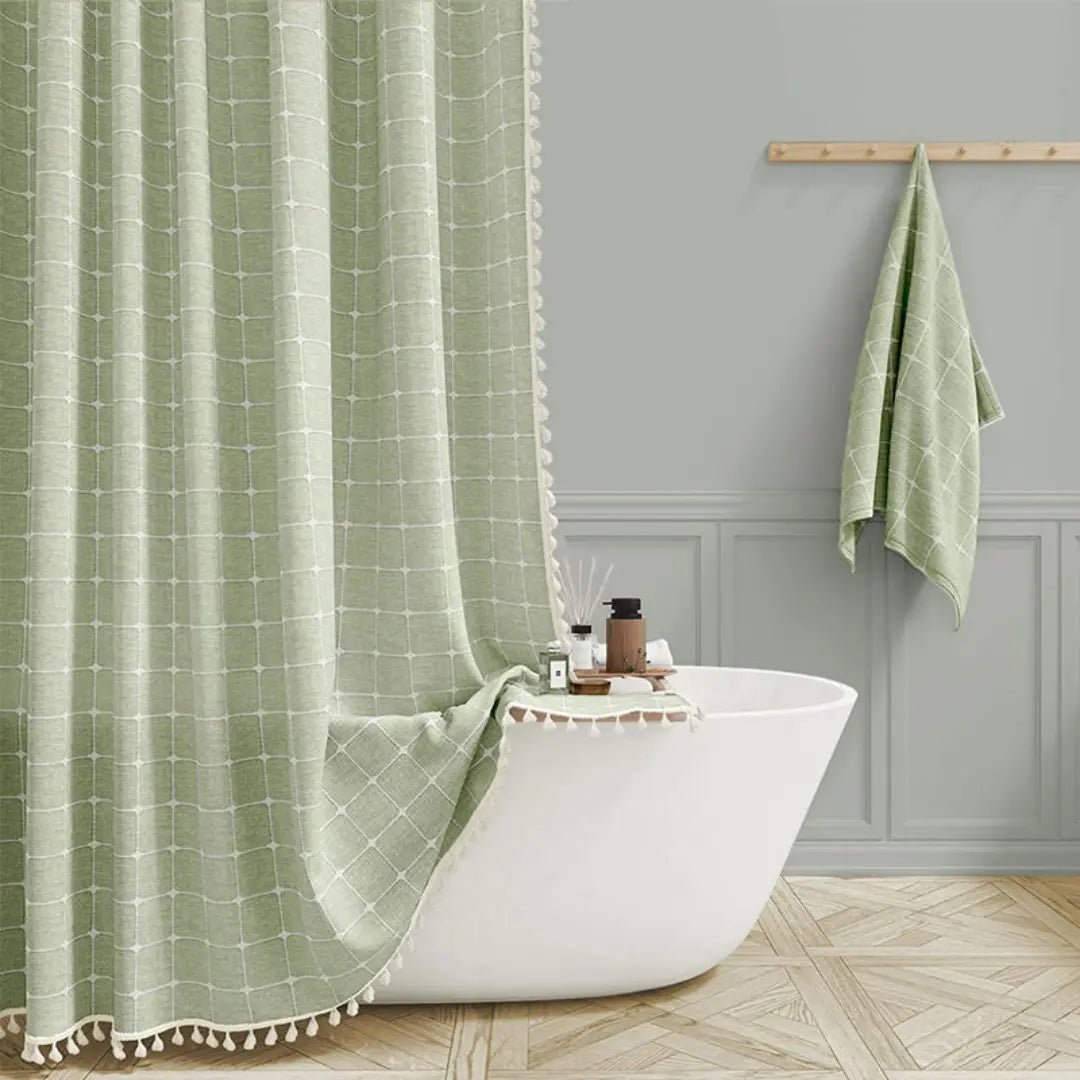 Shower Curtain | Waterproof Linen, Tassel Trim, Checked or Striped Patterns — product image 6